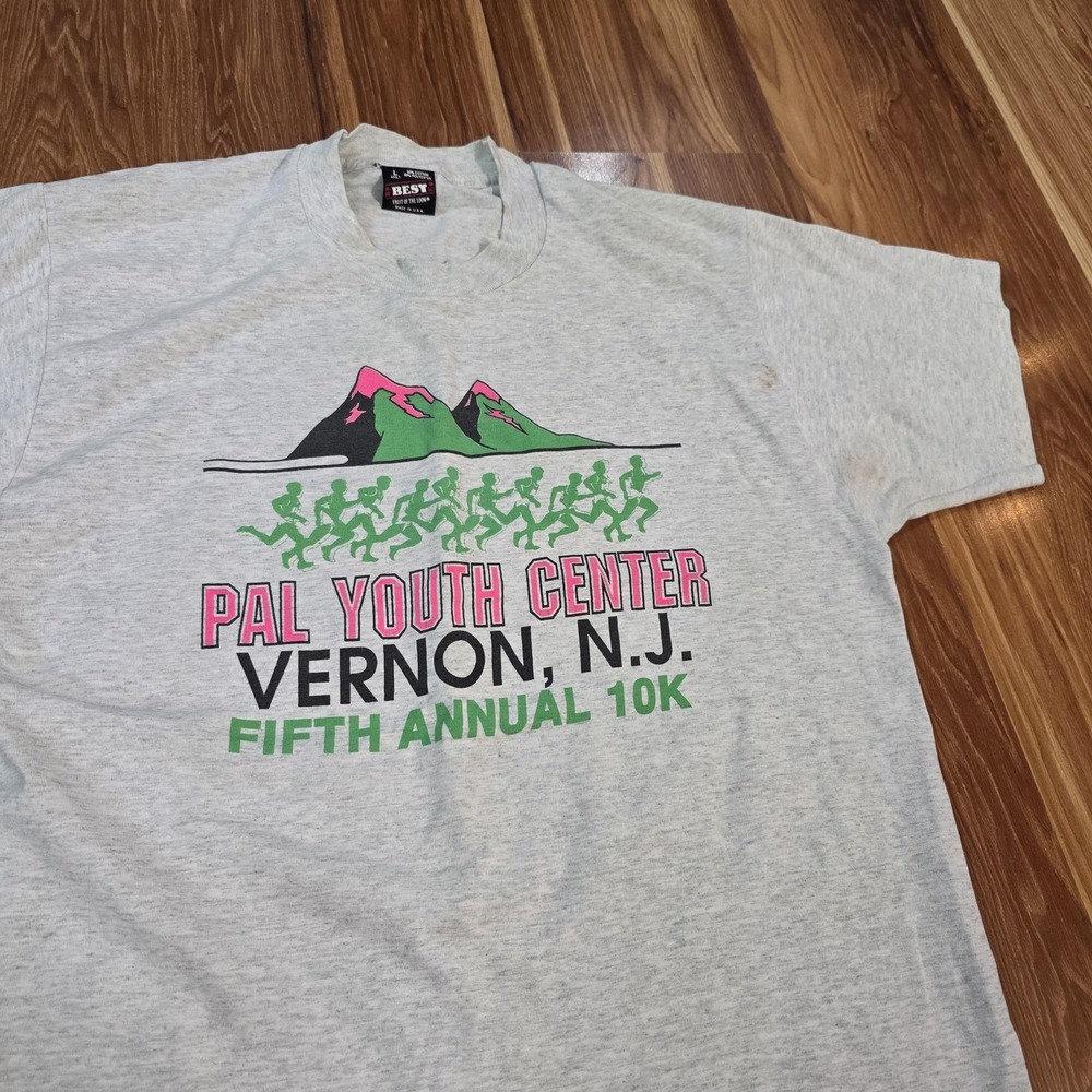 Vintage PAL Youth Center Vernon 10K Shirt Mens Large Gray Fruit Of The Loom 90s